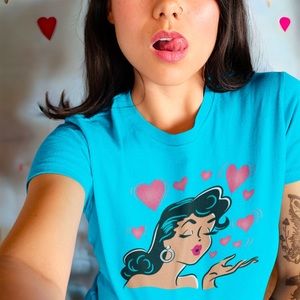 Valentine Heartbreaket Turquoise Blue Pink Fitted T-Shirt Vintage Pinup 2XL 2X
